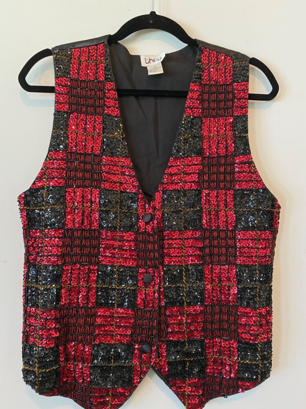 Vintage Theo Sequin Plaid Vest Black & Red Small Adjustable Back Strap